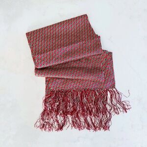 VTG Chinese Arts & Crafts Silk Interlocking Chain Pattern Scarf, Red & Navy Blue